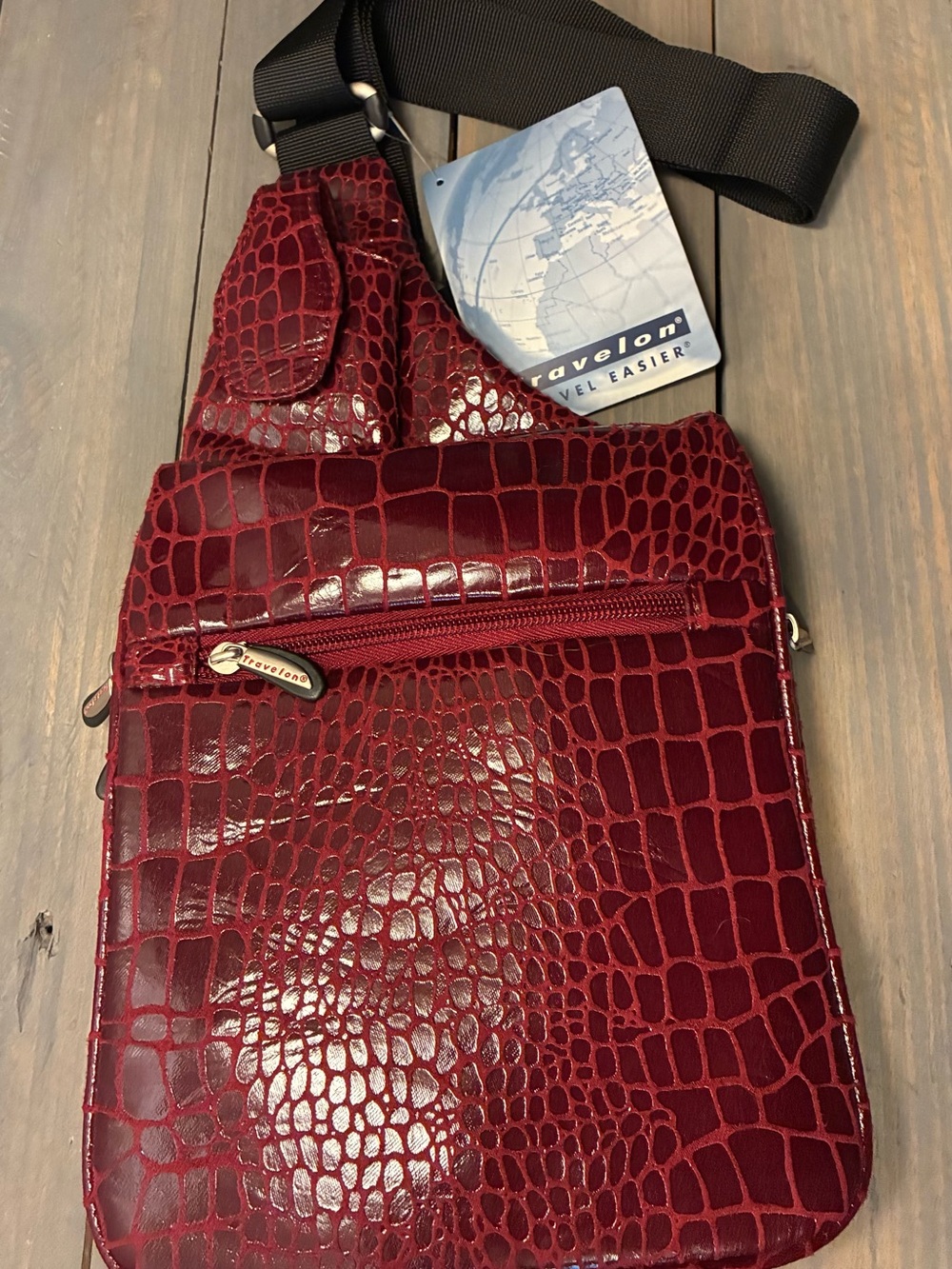 Travelon Deep Red Croc-Embossed Sling Crossbody